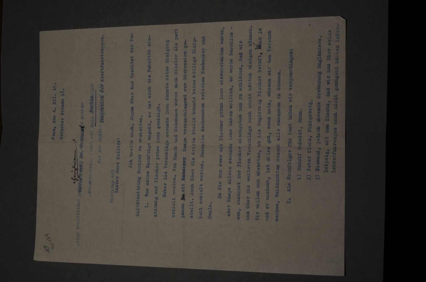 Unterschriebener, maschinenschriftlicher Brief von Heinrich Lehmann (1876-1963, Professor für Römisches Recht, Bürgerliches Recht) an Heinrich Gerland (1874-1944, Professor für Straf- und Prozeßrecht, Reichstagsabgeordneter) vom 4. Dezember 1917.