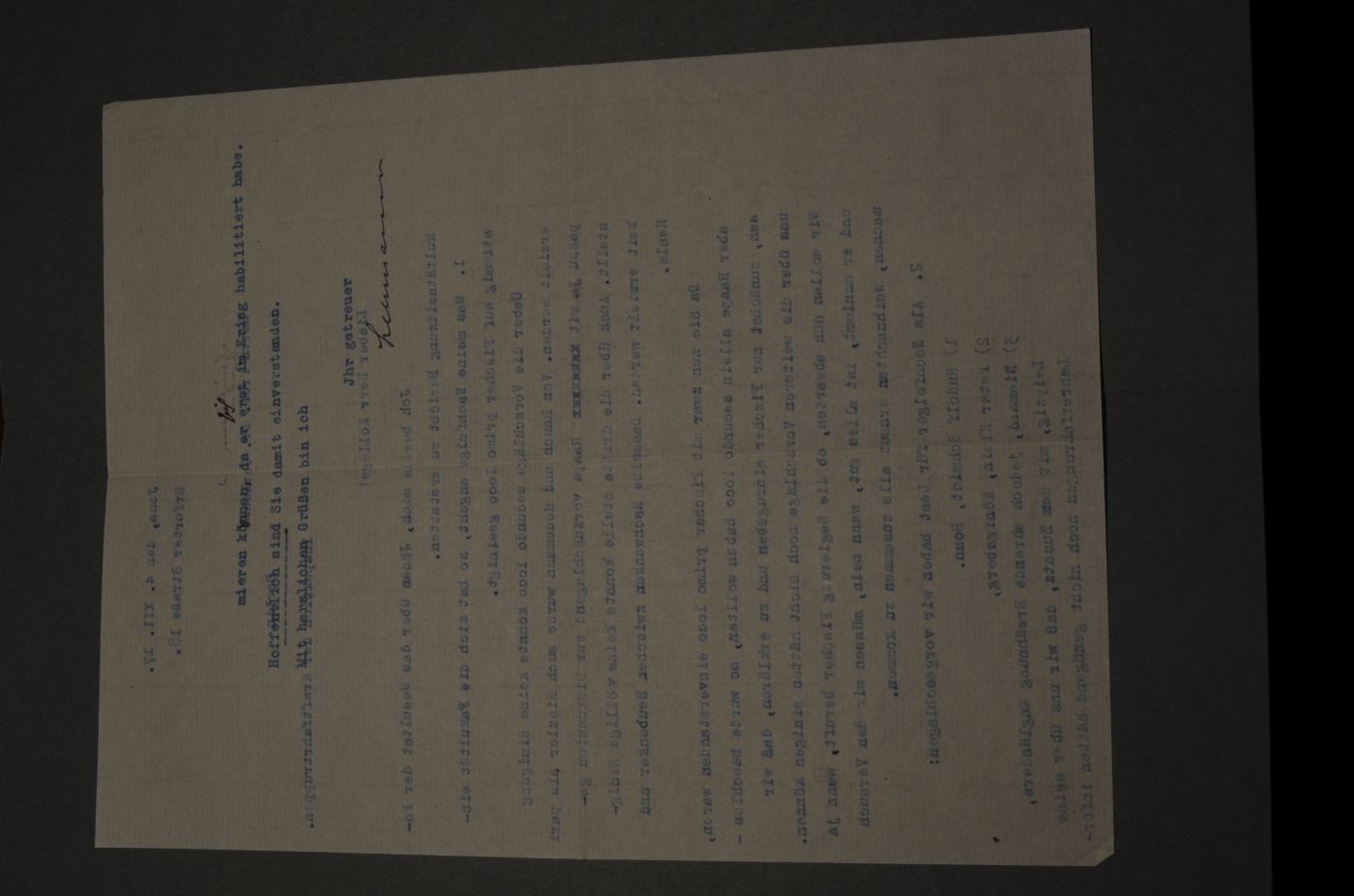 Unterschriebener, maschinenschriftlicher Brief von Heinrich Lehmann (1876-1963, Professor für Römisches Recht, Bürgerliches Recht) an Heinrich Gerland (1874-1944, Professor für Straf- und Prozeßrecht, Reichstagsabgeordneter) vom 4. Dezember 1917.