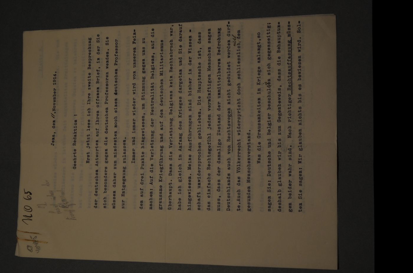 Maschinenschriftlicher, unterschriebener Brief an eine unbekannte Redaktion vom November 1914.