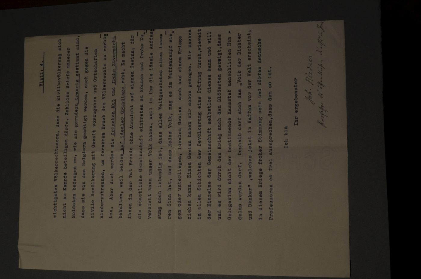 Maschinenschriftlicher, unterschriebener Brief an eine unbekannte Redaktion vom November 1914.
