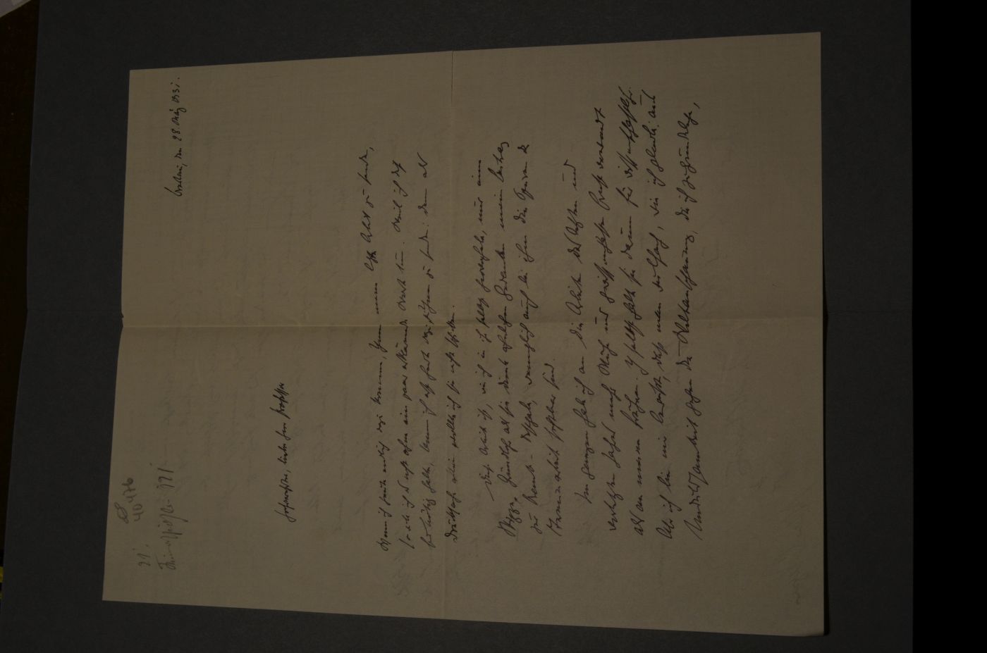Handschriftlicher Brief von Arthur Wegner (1900-1989) an einen namentlich nicht genannten Professor vom 28. März 1931.