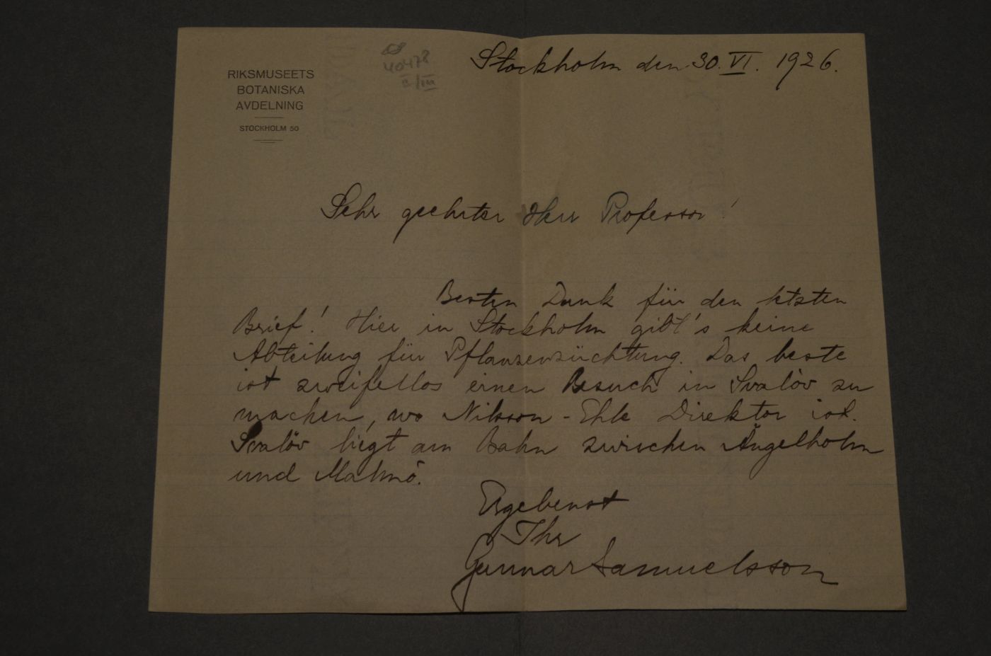 3 Briefe des schwedischen Botanikers Gunnar Samuelsson (1885-1944) an Konrad Waldemar Lakowitz (1859-1945) Lehrer, Botaniker und Mykologe, Leiter des Westpreußischen Botanisch-Zoologischen Vereins vom 10. Juni 1926, 30. Juni 1926 und 21. Oktober 1930.