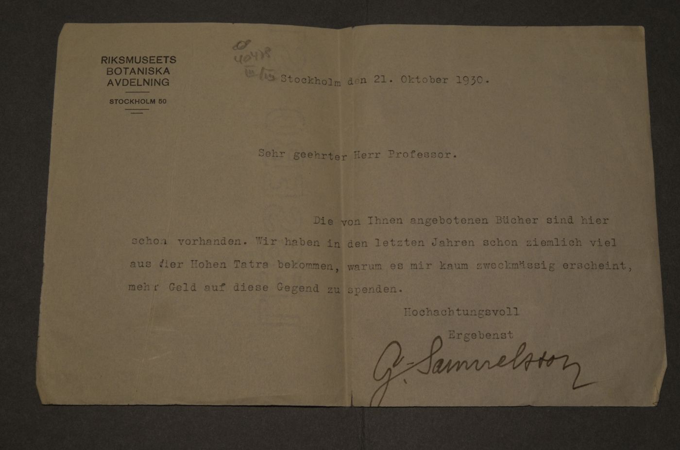 3 Briefe des schwedischen Botanikers Gunnar Samuelsson (1885-1944) an Konrad Waldemar Lakowitz (1859-1945) Lehrer, Botaniker und Mykologe, Leiter des Westpreußischen Botanisch-Zoologischen Vereins vom 10. Juni 1926, 30. Juni 1926 und 21. Oktober 1930.