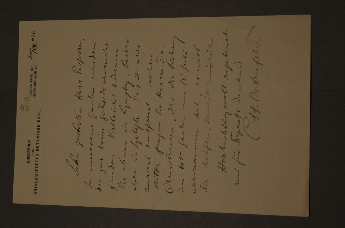 Brief des Kopenhagener Botanikers Carl Hansen Ostenfeld (1873-1931) an den Danziger Lehrer und Botaniker Konrad Lakowitz (1859-1945) vom 30. Juni 1926.