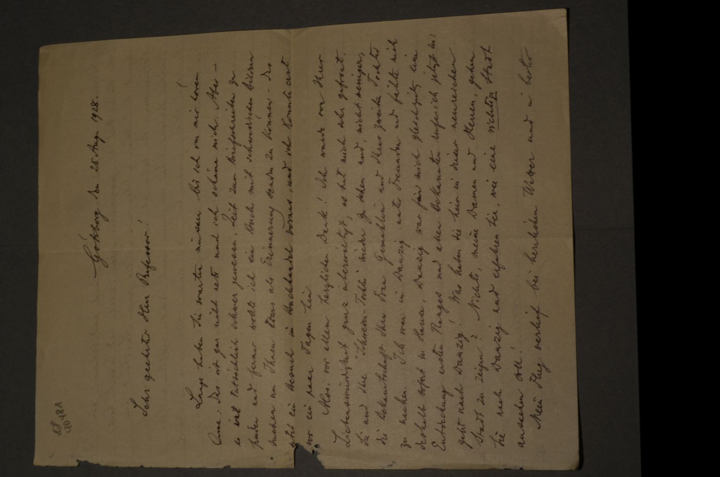 Brief des schwedischen Botanikers, ersten Direktors des 1923 angelegten Göteborgschen Botanischen Gartens und Arktisforschers Carl Skottsberg an den Danziger Lehrer und Botaniker Konrad Lakowitz vom 25. August 1928.