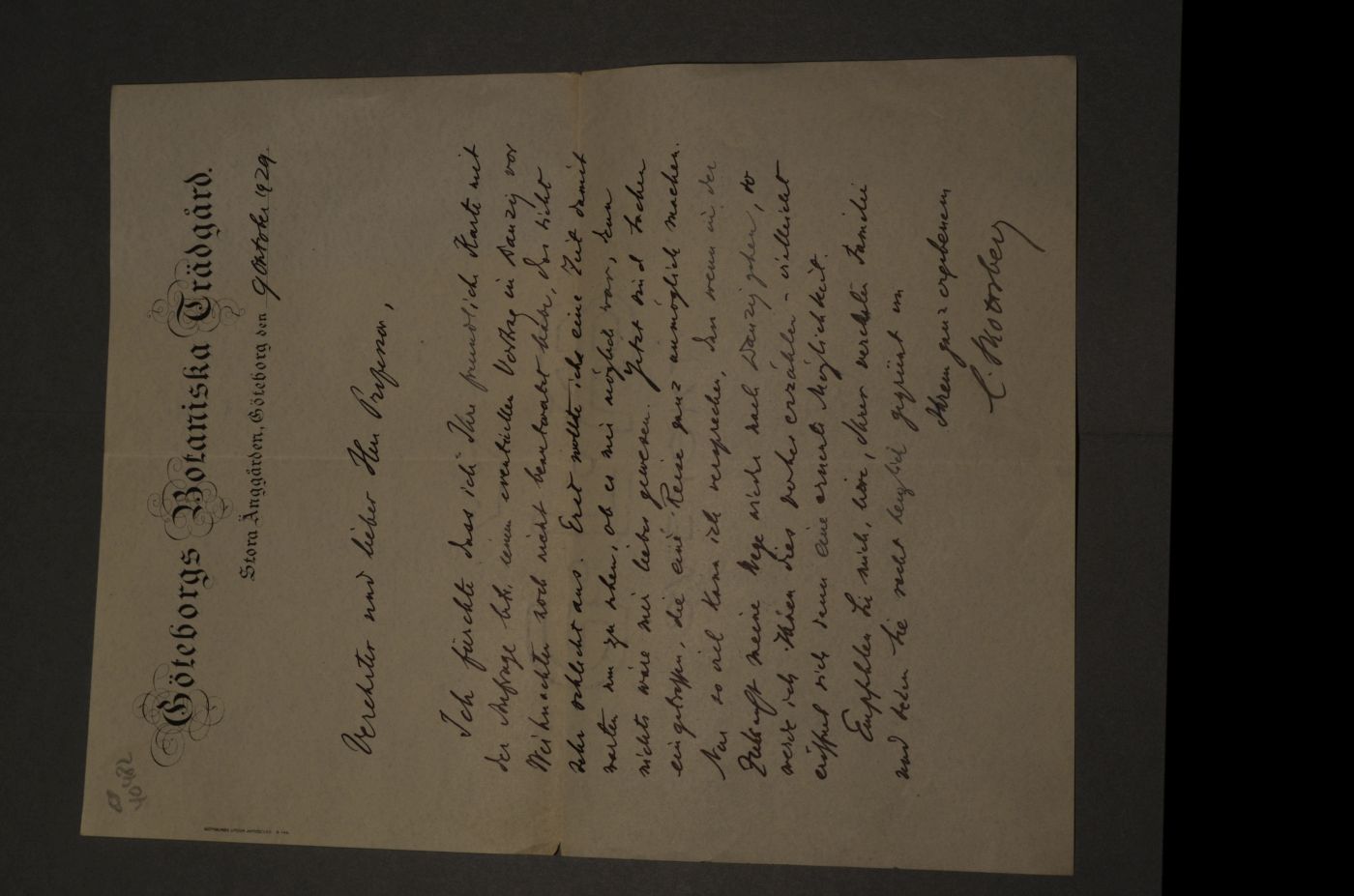 Brief des schwedischen Botanikers, ersten Direktors des 1923 angelegten Göteborgschen Botanischen Gartens und Arktisforschers Carl Skottsberg an den Danziger Lehrer und Botaniker Konrad Lakowitz vom 25. August 1928.