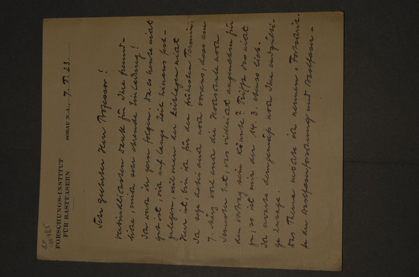 Brief des Botanikers, Lichenologen und Hochschullehrers an der TH Dresden Friedrich Tobler (1879-1957) an den Danziger Lehrer und Botaniker Konrad Lakowitz vom 7. Februar 1923.