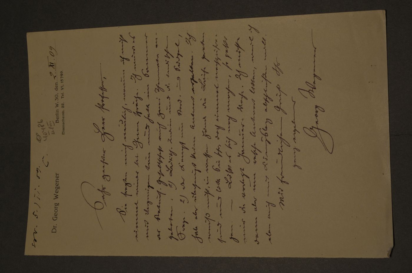 3 Briefe des Geographen und Forschungsreisenden Georg Wegener (1863-1939) an den Danziger Lehrer und Botaniker Konrad Lakowitz vom 8. Dezember 1901, 2. November 1909 und 26. März 1920.