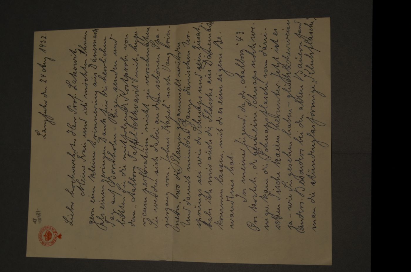 Brief des dänischen Vize-Konsuls an den Danziger Lehrer und Botaniker Konrad Lakowitz vom 24. August 1932.