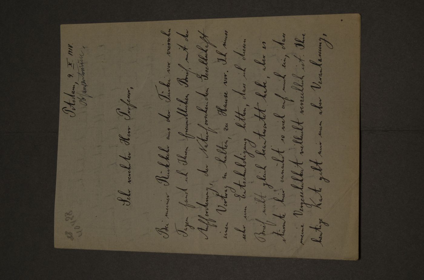 Brief des Astronomen, Astrophysikers und jüngeren Bruders des Generals Erich Ludendorff, Hans Ludendorff (1873-1941) an den Danziger Lehrer und Botaniker Konrad Lakowitz vom 9.Oktober 1918.