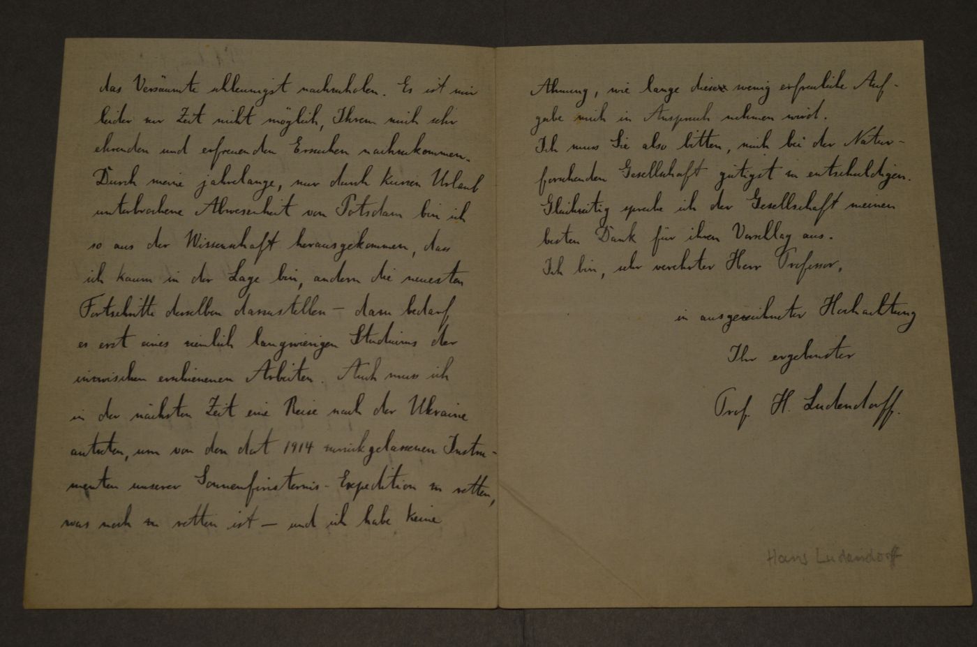 Brief des Astronomen, Astrophysikers und jüngeren Bruders des Generals Erich Ludendorff, Hans Ludendorff (1873-1941) an den Danziger Lehrer und Botaniker Konrad Lakowitz vom 9.Oktober 1918.
