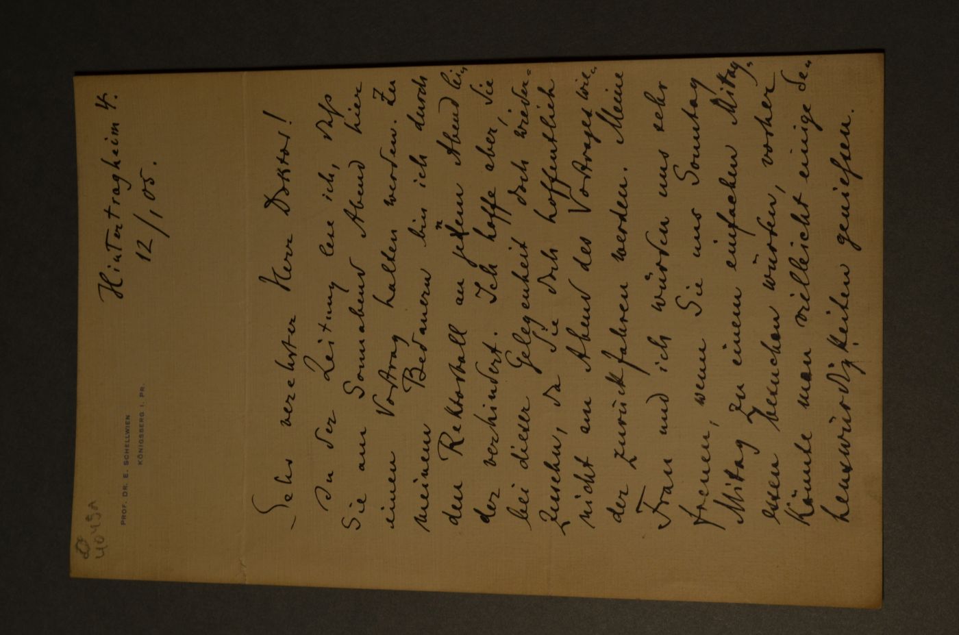 Brief von Professor Dr. Ernst Schellwien, Königsberg an den Danziger Lehrer und Botaniker Konrad Lakowitz (1859-1945) vom 4. Dezember 1905.