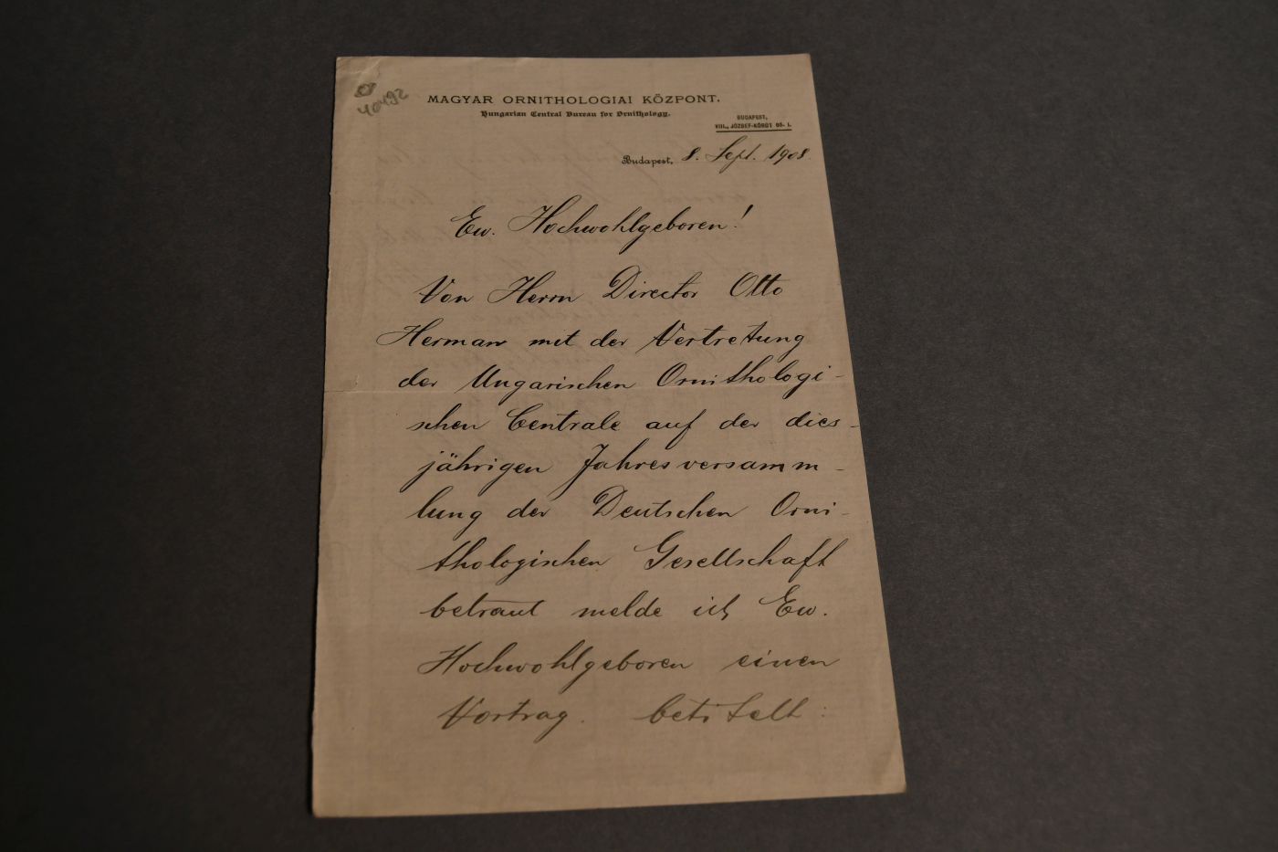 Brief des Adjunkten der Ungarischen Ornithologischen Centrale Jakob Schenk an den Danziger Lehrer und Botaniker Konrad Lakowitz (1859-1945) vom 4. Dezember 1905.