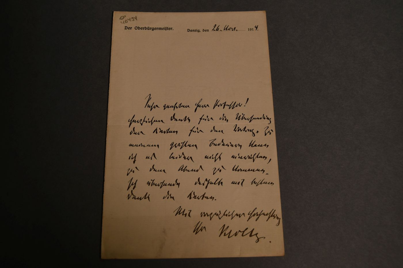 Brief des Oberbürgermeisters der Stadt Danzig Heinrich Schmidt (1874-1918) an den Danziger Lehrer und Botaniker Konrad Lakowitz (1859-1945) vom 26. November 1914.