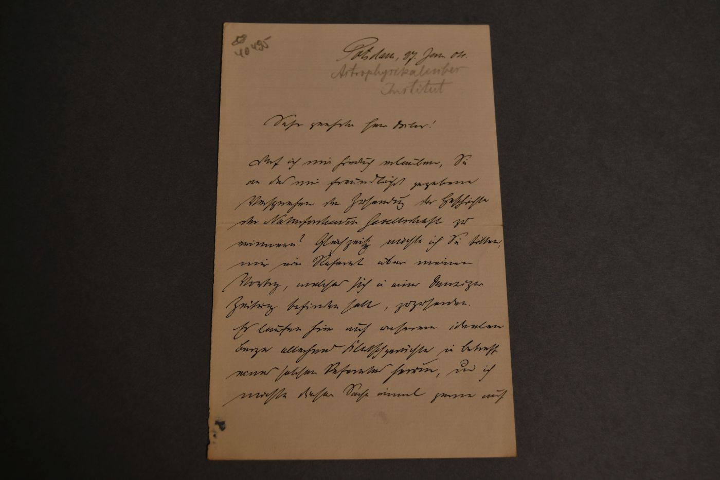 Brief des Astrophysikers und Hauptobservator am Astrophysikalischen Observatorium Potsdam Julius Scheiner (1858-1913) an den Danziger Lehrer und Botaniker Konrad Lakowitz(1859-1945) vom 27. Juni 1904.