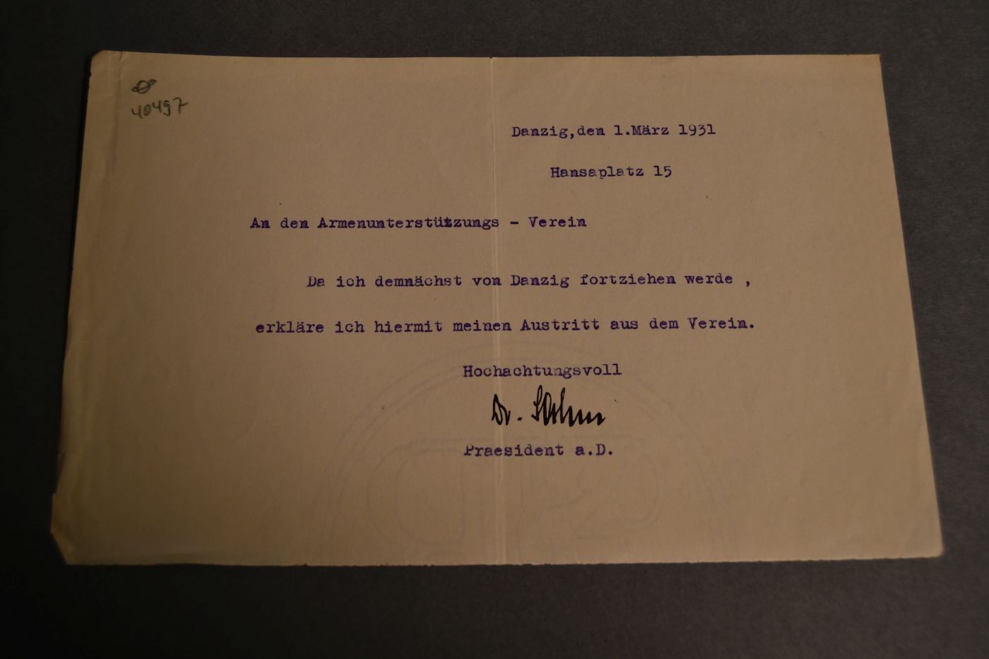Unterschriebene Austrittserklärung des frisch abgewählten Senatspräsidenten der Freien Stadt Danzig Heinrich Sahm (1877-1939) aus dem Armenunterstützungs-Vereins Danzig vom 1. März 1931.