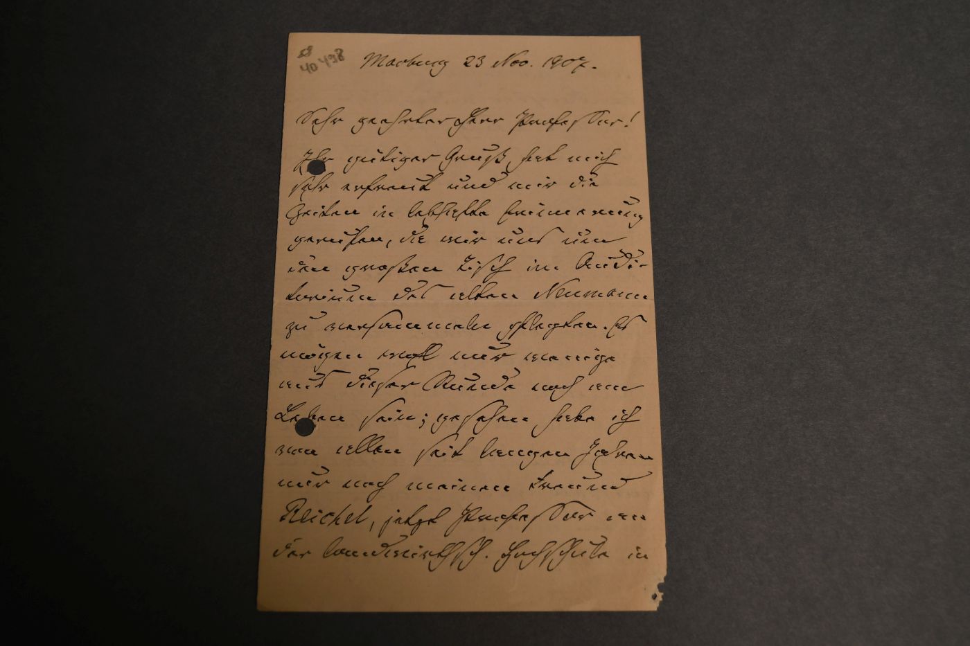 Brief des Chemikers Bernhard Rathke (1840-1923) an einen namentlich nicht genannten Professor vom 23. November 1907.