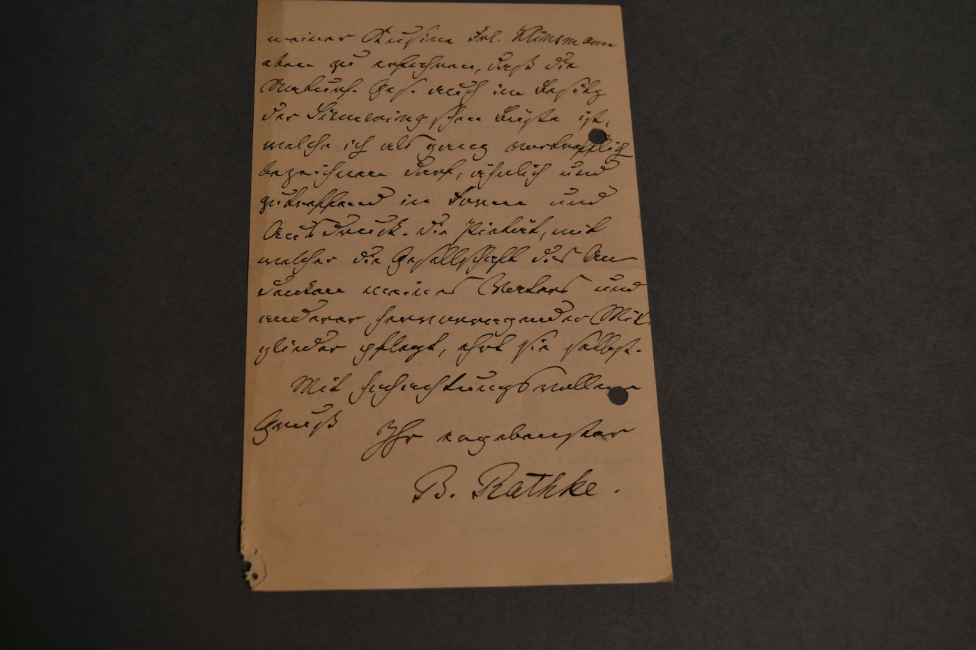 Brief des Chemikers Bernhard Rathke (1840-1923) an einen namentlich nicht genannten Professor vom 23. November 1907.