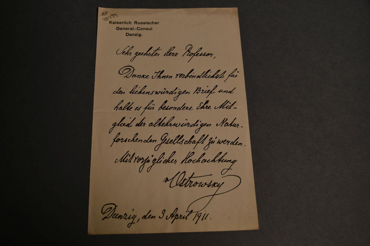Brief des Kaiserlich Russischen General-Consuls von Orlowsky an den Danziger Lehrer und Botaniker Konrad Lakowitz(1859-1945) vom 3. April 1911.