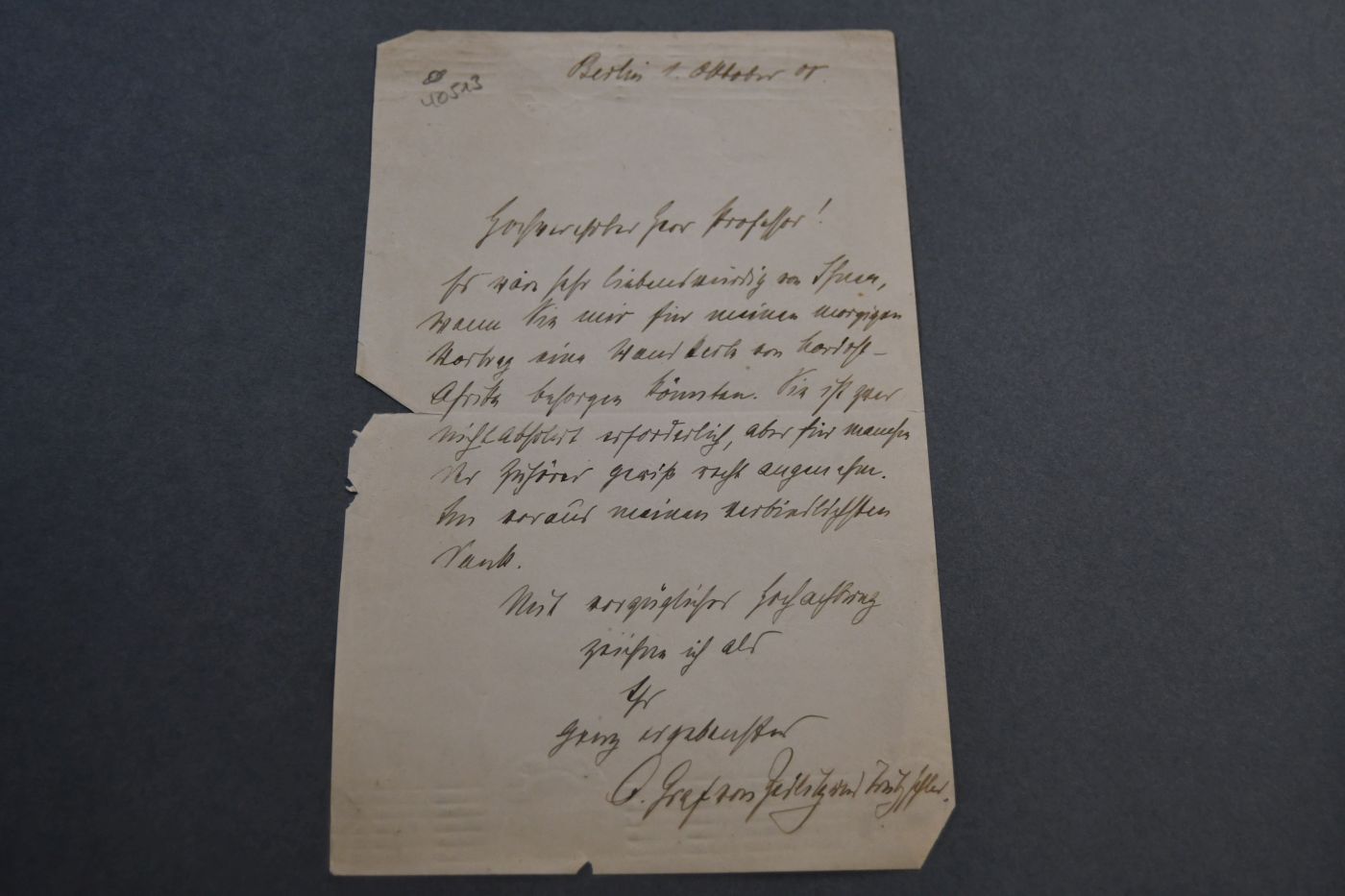Brief von Otto Eduard Graf von Zedlitz-Trützschler (1873-1927) an den Danziger Lehrer und Botaniker Konrad Lakowitz(1859-1945) vom 1. Oktober 1908.