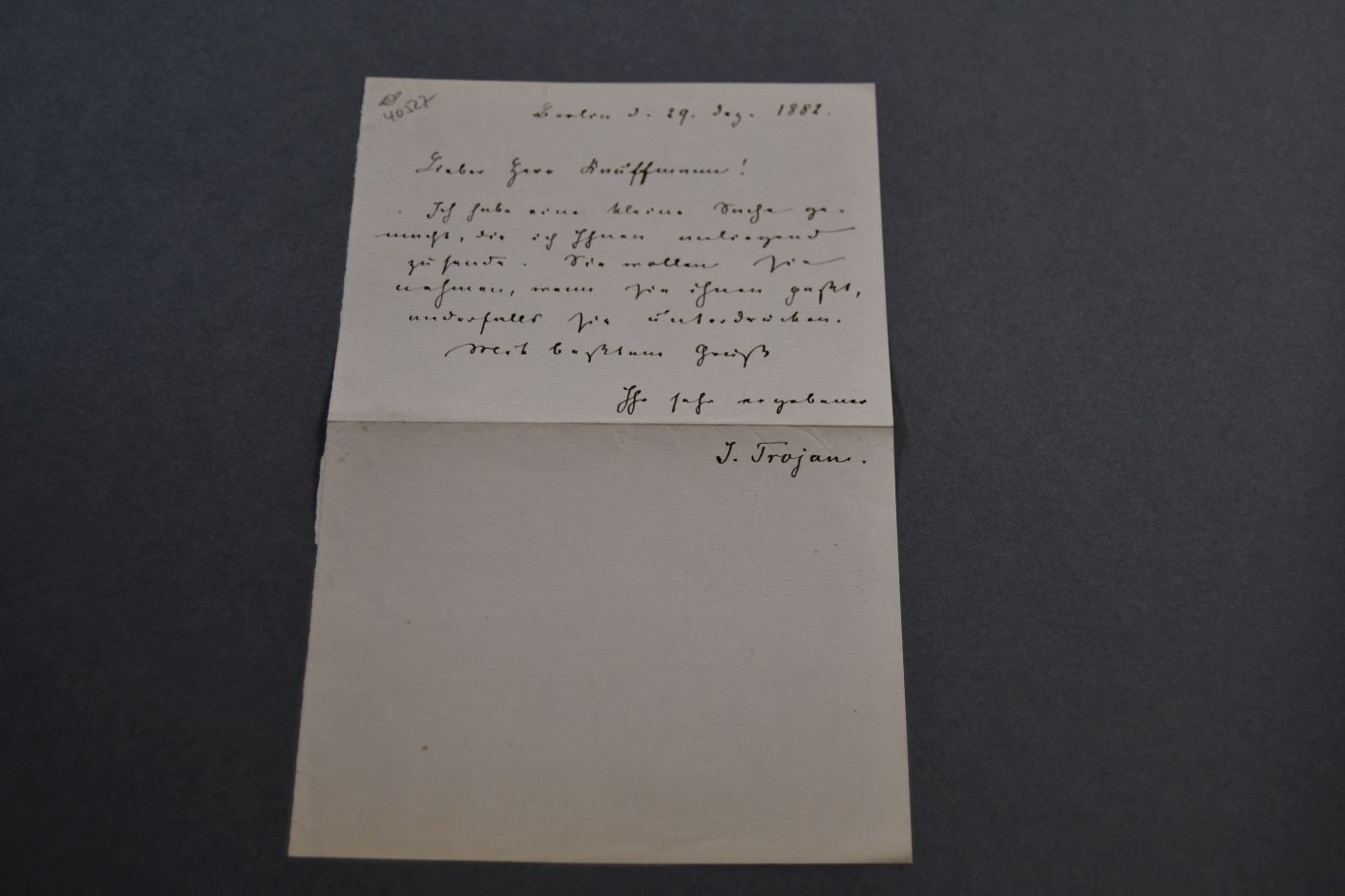 Handschriftlicher Brief des Danziger Schriftstellers Johann Trojan (1837-1915) an einen Herrn Kauffmann.