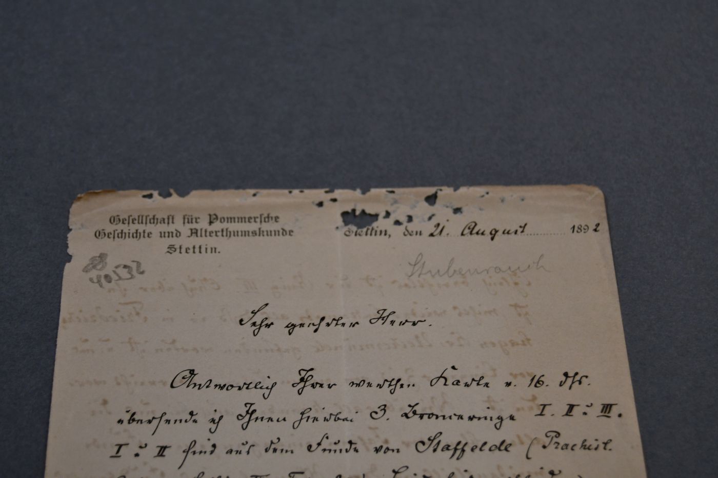 Handschriftlicher Brief des bedeutenden deutschen Archäologen und Restaurators Adolf Stubenrauch (1855-1922) vom 21. August 1892.