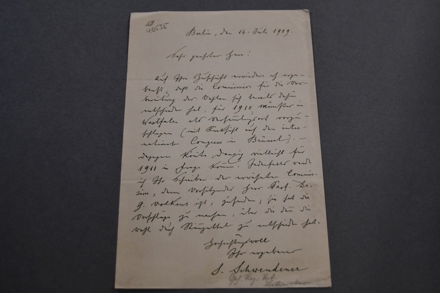 Handschriftlicher Brief von Simon Schwendener (1829-1919) an die Danziger Naturforschende Gesellschaft vom 14. Juli 1909.
