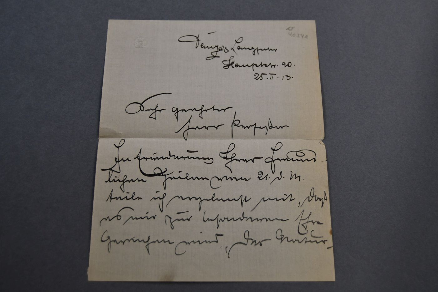 Handgeschriebener Brief des preußischen Generalleutnants und Generaladjudanten von Kaiser Wilhelm II. Eberhard Graf von Schmettow (1861-1935) an den Danziger Lehrer und Botaniker Konrad Lakowitz(1859-1945) vom 25. Februar 1913.