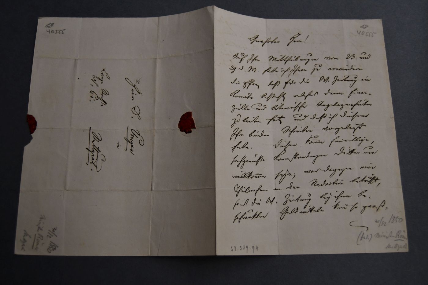 Handschriftlicher Brief von Friedrich Römer (1794 -1864) an Dr. Unger, Lange Str. 61, Stuttgart vom 30. Dezember 1850.
