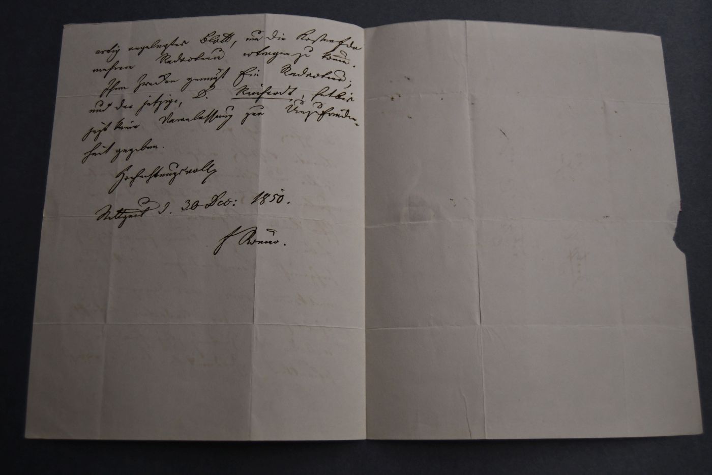 Handschriftlicher Brief von Friedrich Römer (1794 -1864) an Dr. Unger, Lange Str. 61, Stuttgart vom 30. Dezember 1850.