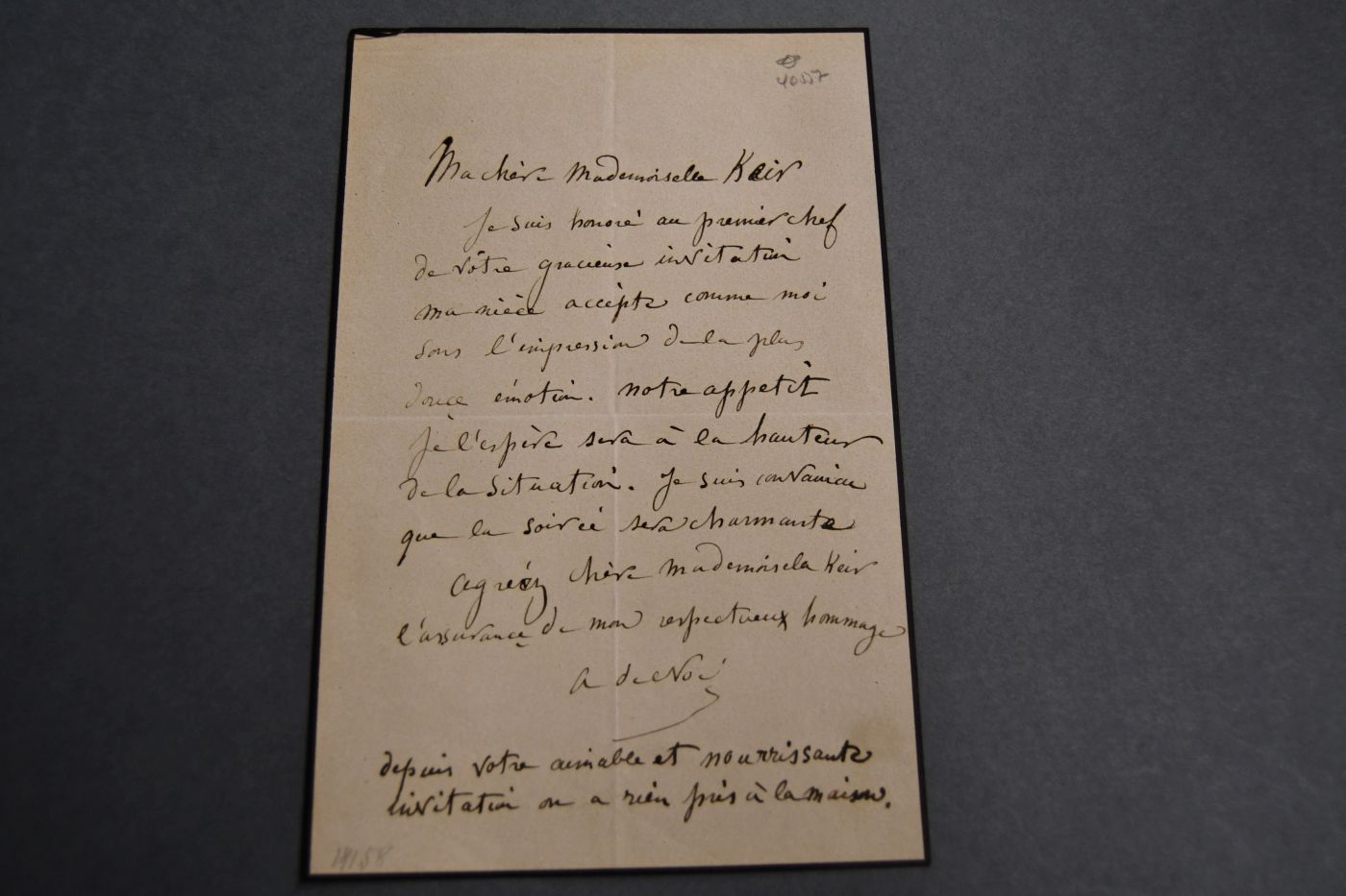 Handschriftlicher Brief des französischen Karikaturisten Amedee de Noe (Cham) an eine unbekannte Mademoiselle Keis.