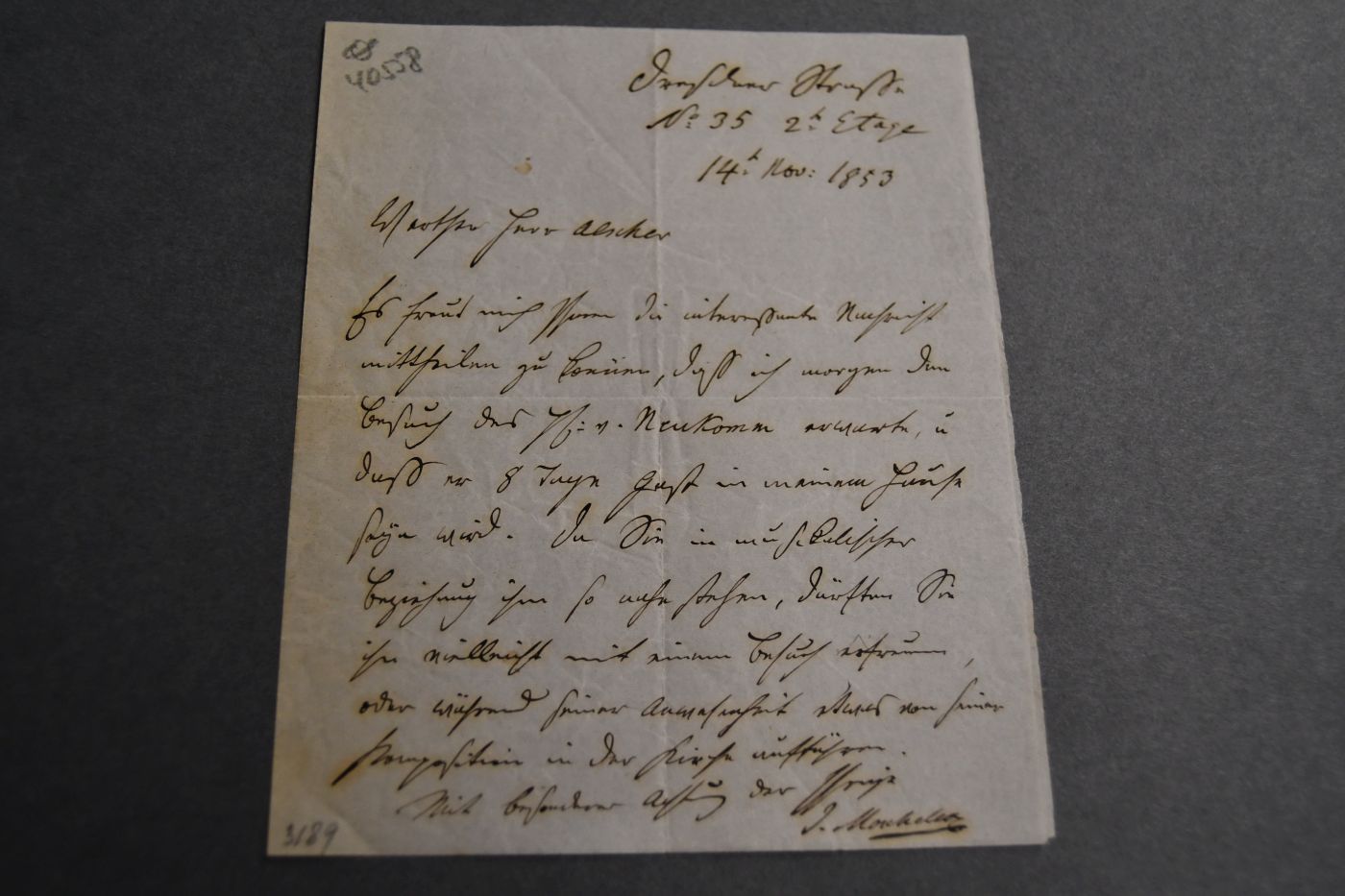 Handschriftlicher Brief des Komponisten, Pianisten und Lehrer Felix Mendelsohn-Bartholdys, Ignaz Moscheles (1794-1870) an einen Herrn Alscher vom 14. November 1853.