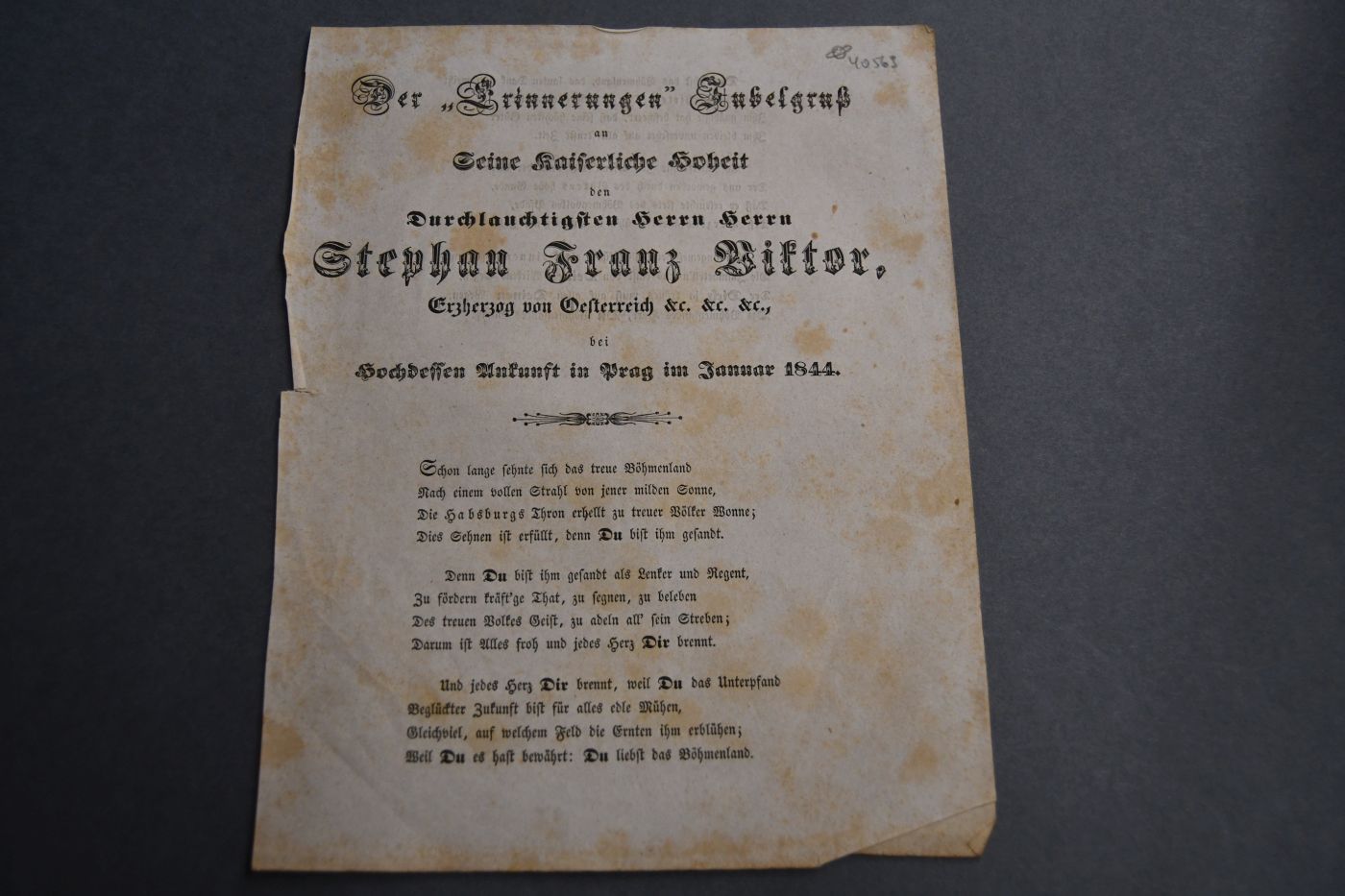 Der "Erinnerungen" Jubelgruß an Seine Kaiserliche Hoheit den Durchlauchtigsten Herrn Herrn Stephan Franz Viktor, Erzherzog von Oesterreich etc. etc. etc., bei Hochdessen Ankunft in Prag im Januar 1844.