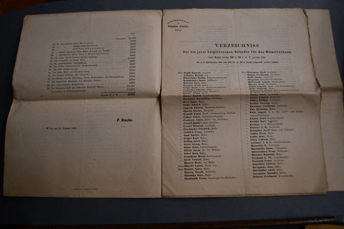 Programm zum Baubeginn des Künstlerhauses als Doppel-Feier der allerhöchsten Geburtsfeste Seiner Majestät des Kaisers und Seiner kaiserlichen Hoheit des Kronprinzen Rudolf am 21. August 1865, um 10 Uhr Vormittags. Beiliegend Neues Programm für die Stifter und Gründer des Künstlerhauses. Herausgegeben am Tage der durch seine Majestät Kaiser Franz Josef I. vorgenommenen feierlichen Schlusssteinlegung.