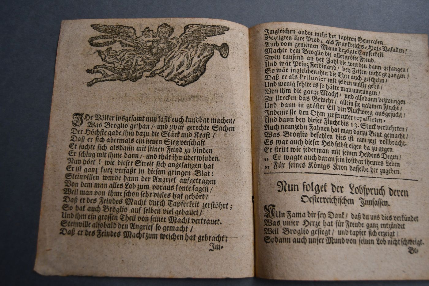 BROGLIO, Krieges-FAMA Verkündet Durch ihren Poetischen Trompeten-Schall einen Herrlich erfochtenen Sieg über die Hanoveraner den 22. Martii 1761. Denen Oesterreichischen Innsassen, Worauf Von denen selben an obbemeldten tapferen Helden ein Lob-Spruch erfolget, Und Den Beschluß davon ein singender Chorus machet.