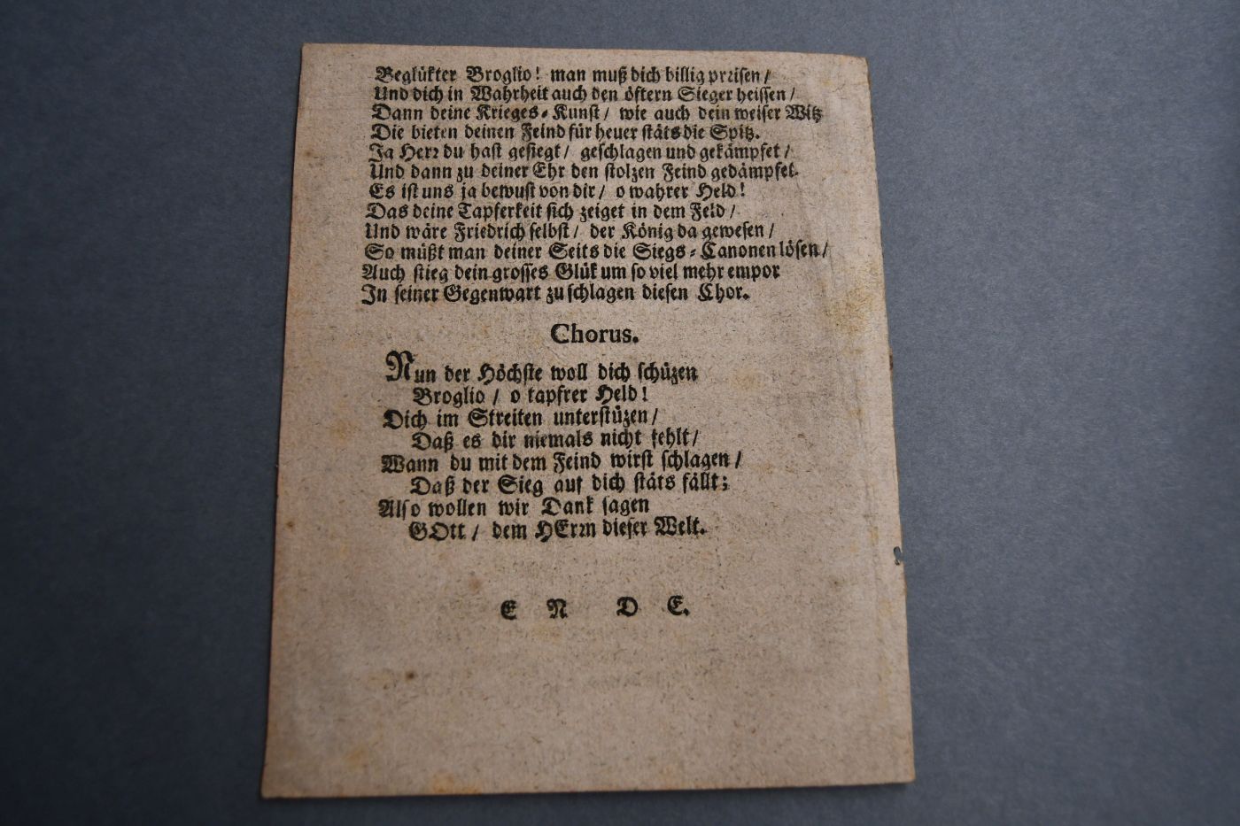 BROGLIO, Krieges-FAMA Verkündet Durch ihren Poetischen Trompeten-Schall einen Herrlich erfochtenen Sieg über die Hanoveraner den 22. Martii 1761. Denen Oesterreichischen Innsassen, Worauf Von denen selben an obbemeldten tapferen Helden ein Lob-Spruch erfolget, Und Den Beschluß davon ein singender Chorus machet.
