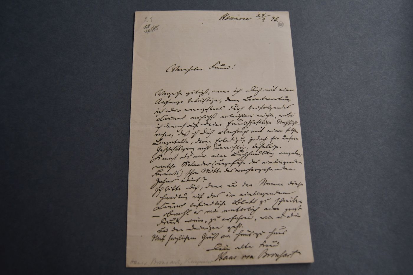 Einseitiger handschriftlicher Brief des Pianisten und Komponisten, Hoftheater-Intendanten in Hannover und Generalintendanten in Weimar Hans Bronsart (1830-1913) an einen nicht benannten Freund vom 28. September 1876.