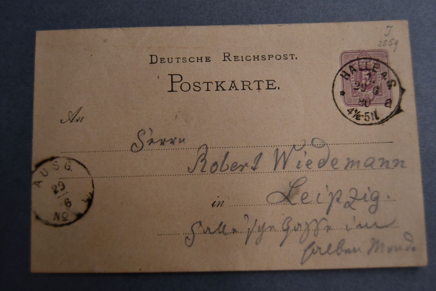 Postkarte des Komponisten und Dirigenten Robert Franz (1815-1892) an seinen Freund Robert Wiedemann vom 29. Juni 1880.