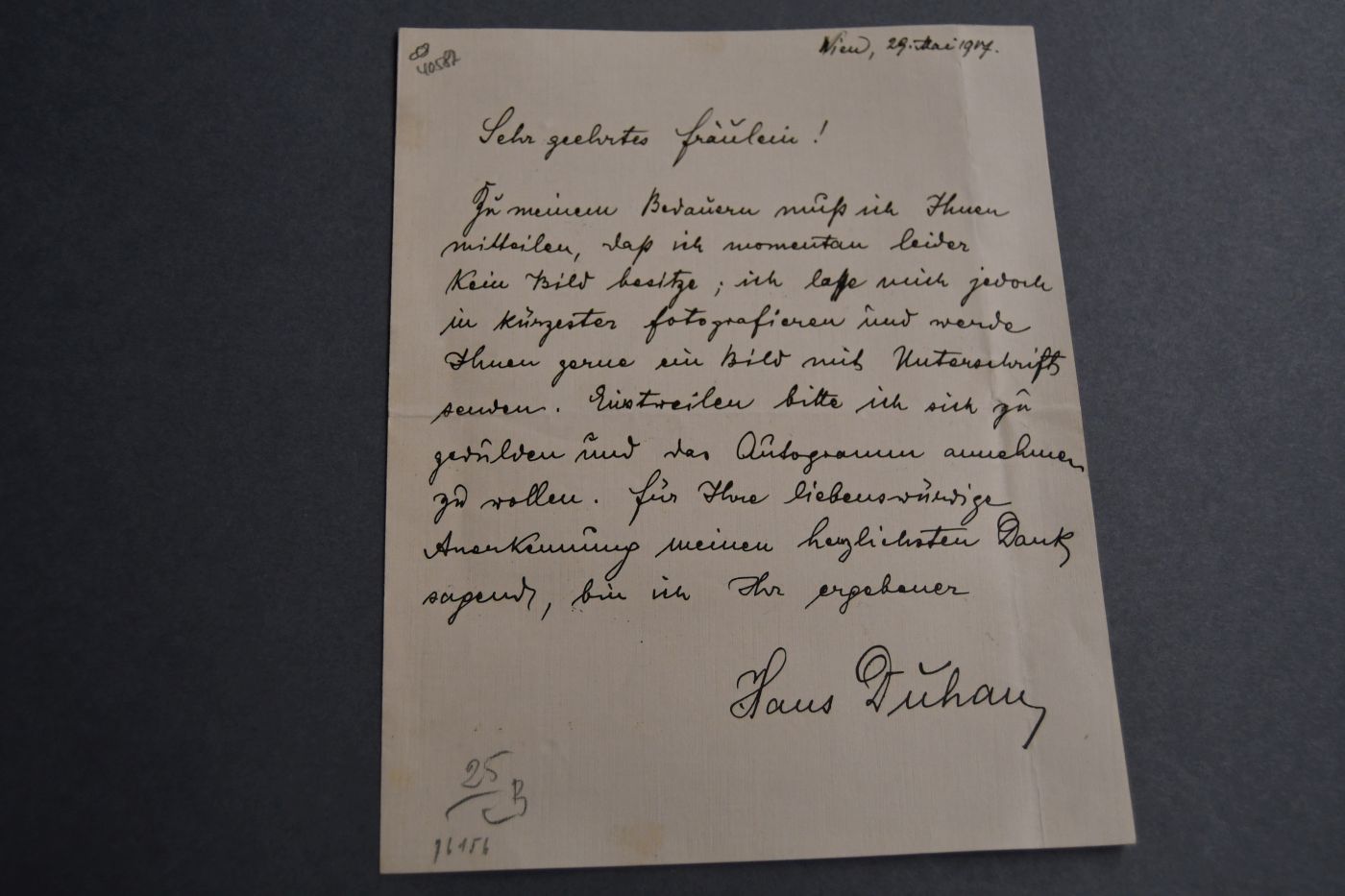 Einseitiger, handschriftlicher Brief des österreichischen Opernsängers Hans Duhan (1890-1971) an ein unbenanntes Fräulein vom 29. Mai 1917.