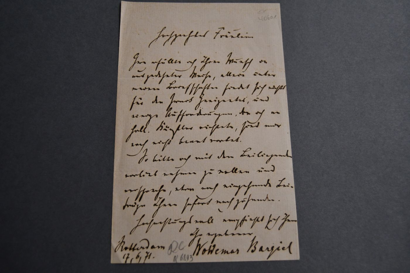 Einseitiger Brief des Komponisten, Sängers und Halbbruders von Clara Schumann, Woldemar Bargiel (1828-1897) an ein unbekanntes Fräulein vom 17. Juni 1871.