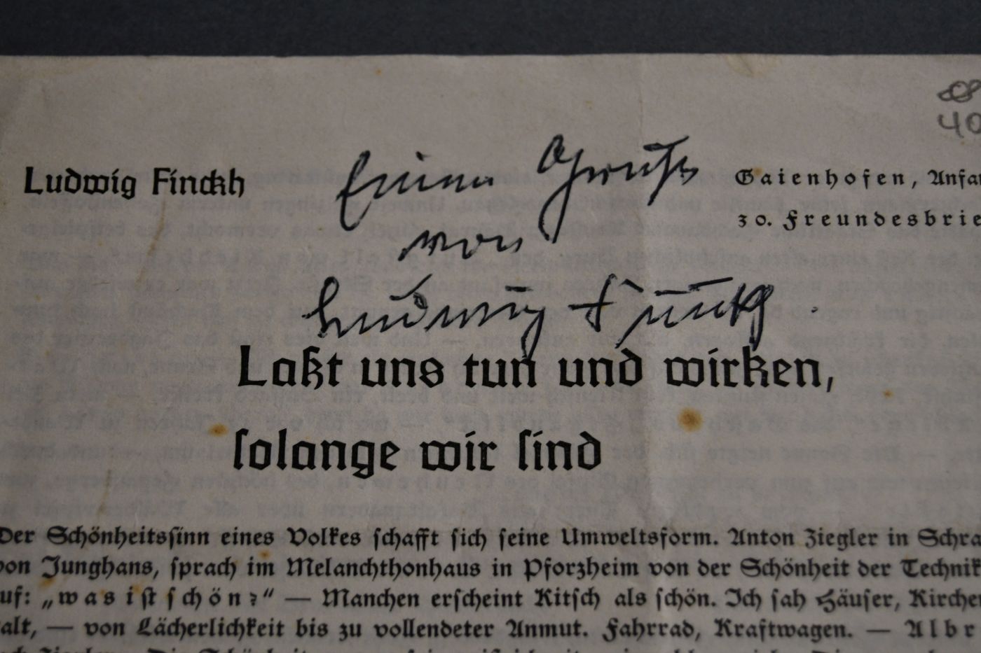 Laßt und tun und wirken, solange wir sind. 30. Freundesbrief.