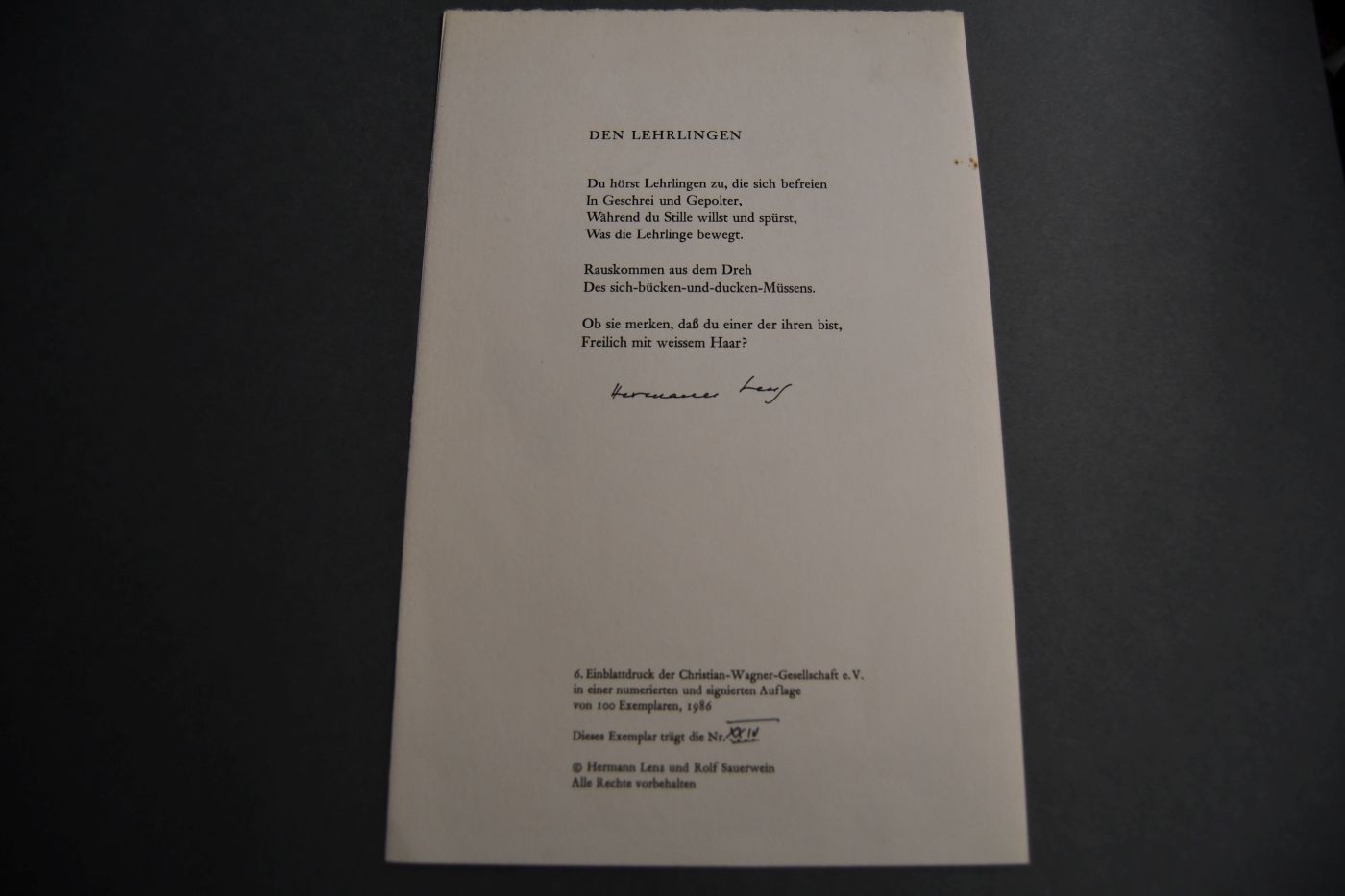 Den Lehrlingen. Mit einer Grafik von Rolf Sauerwein.