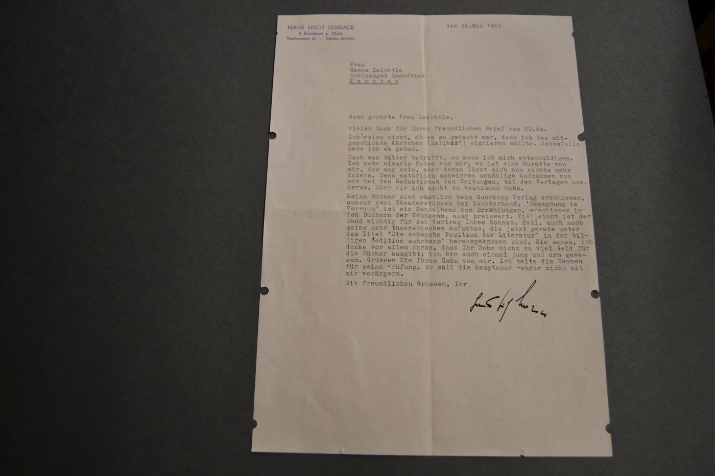 Maschinenschriftlicher Brief des Schriftstellers und Georg-Büchner-Preisträgers Hans Erich Nossack (1901-1977) an Hanna Leichtle auf dem Schlossgut Lenzfried bei Kempten vom 26. Mai 1966.