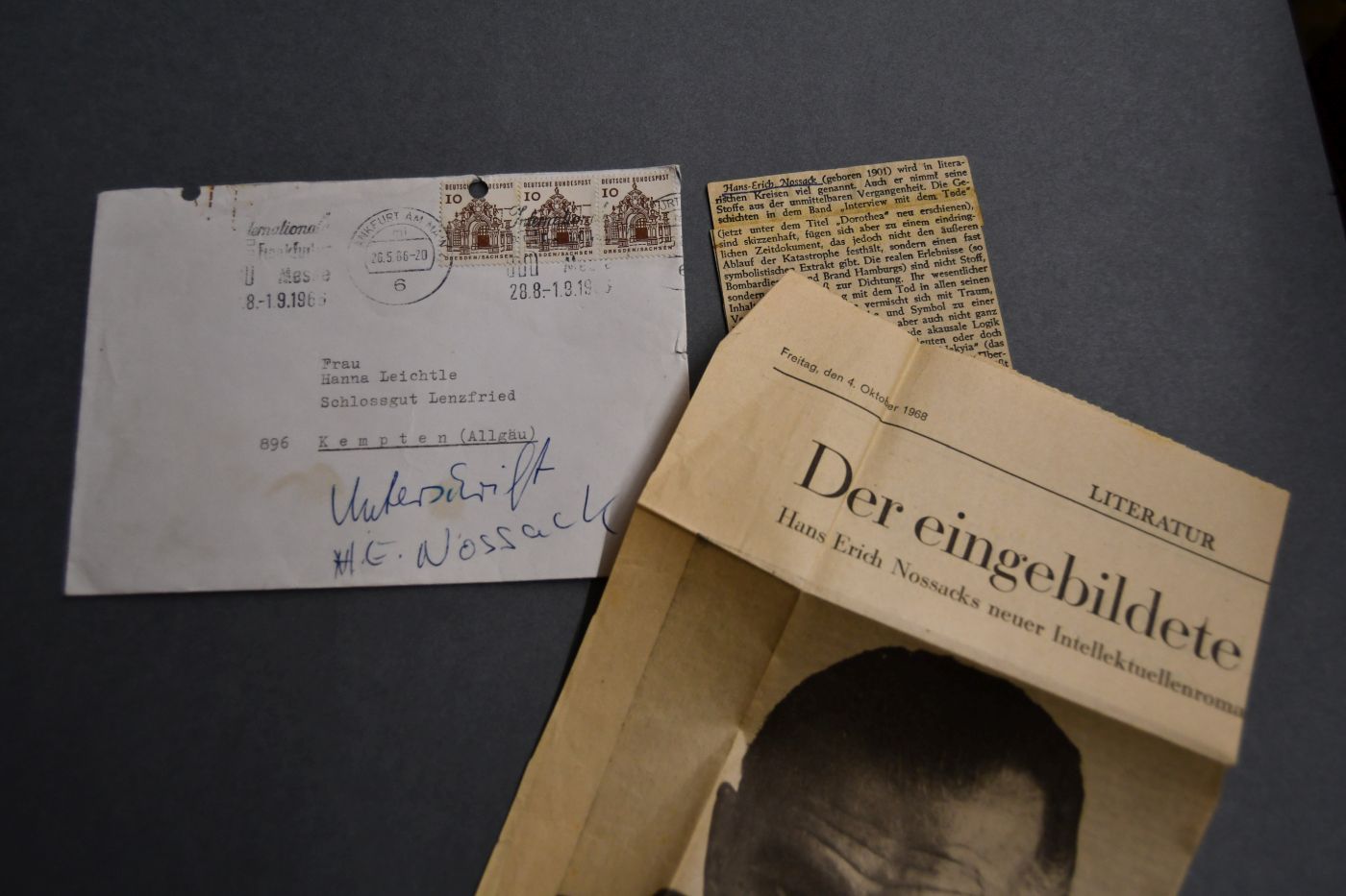 Maschinenschriftlicher Brief des Schriftstellers und Georg-Büchner-Preisträgers Hans Erich Nossack (1901-1977) an Hanna Leichtle auf dem Schlossgut Lenzfried bei Kempten vom 26. Mai 1966.