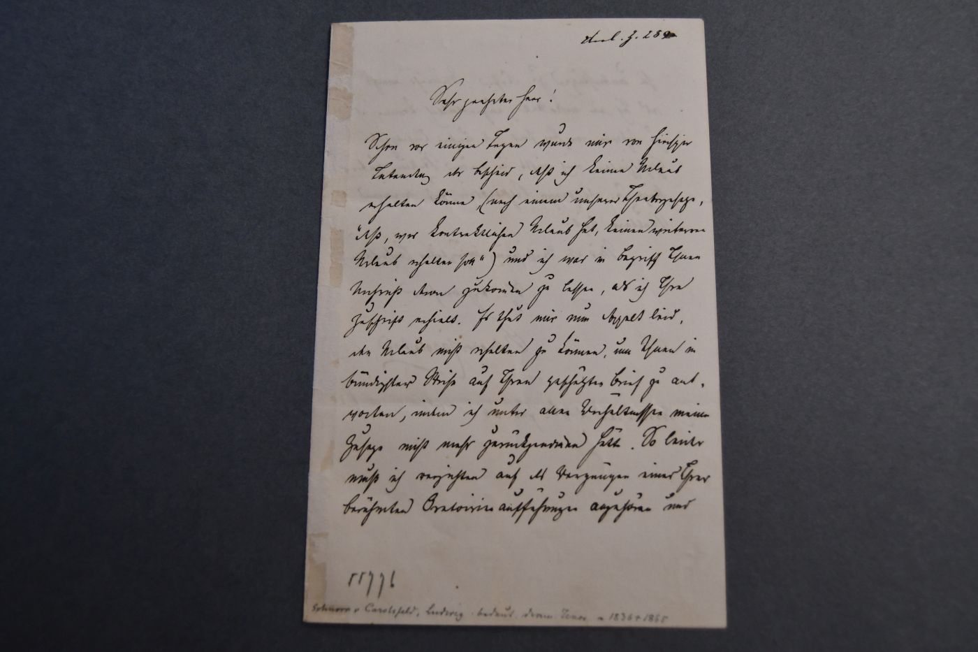 1 1/2seitiger Brief des Tenors, Sohn des Malers Julius Schnorr, früh verstorbener Wagner-Sänger, des ersten "Tristan" Ludwig Schnorr von Carolsfeld (1836-1865) an einen unbenannten Herrn vom 24. Januar 1864.