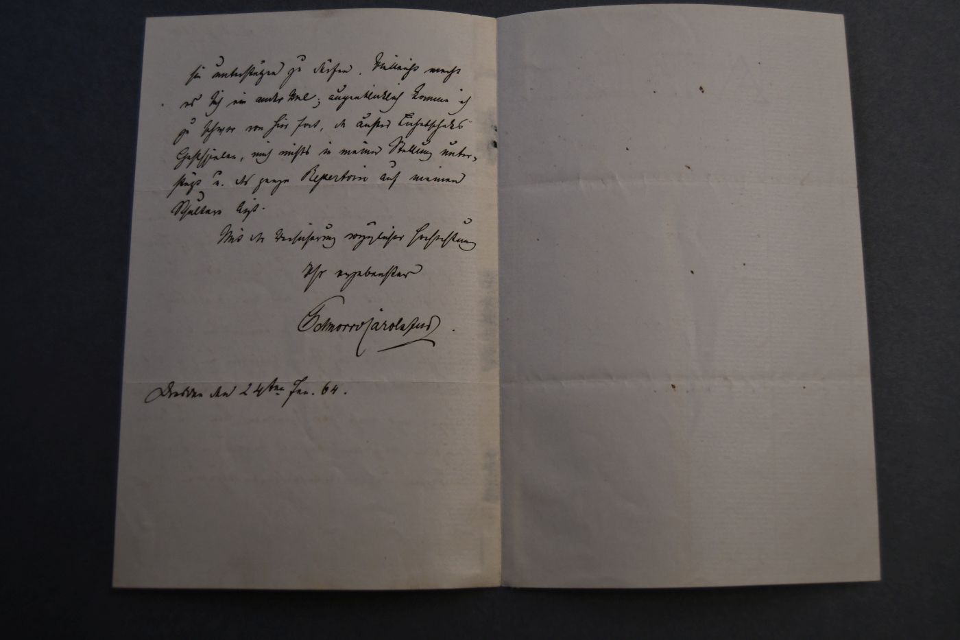 1 1/2seitiger Brief des Tenors, Sohn des Malers Julius Schnorr, früh verstorbener Wagner-Sänger, des ersten "Tristan" Ludwig Schnorr von Carolsfeld (1836-1865) an einen unbenannten Herrn vom 24. Januar 1864.