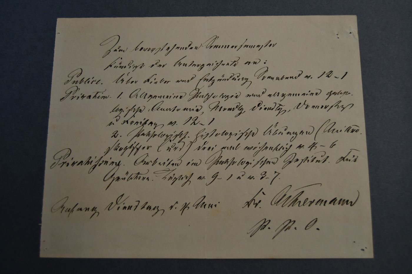 Handschriftlicher Vorlesungsaushang des deutschen Pathologen Hans Conrad Carl Theodor Ackermann (1825-1896).