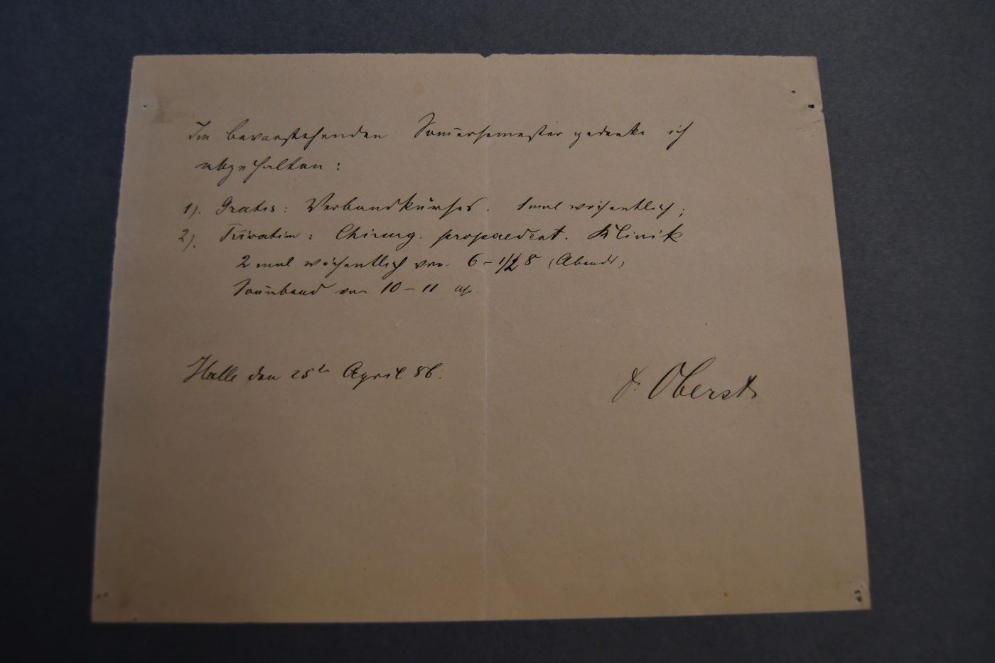 Handschriftlicher Vorlesungsaushang des deutschen Chirurgen und Hochschullehrers in Halle Maximilian Oberst für das Sommersemester 1886.