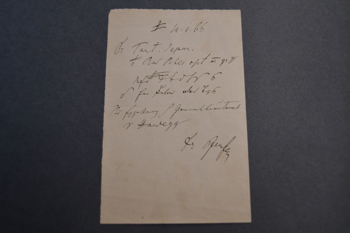 Handschriftliches Rezept des Münchner Mediziners und Hochschullehrers Karl Sebastian von Pfeufer (1806 - 1869) für den württembergischen Generallieutenant Oskar (oder Julius?) von Hardegg (1810 - 1875) vom 3.2.1866.