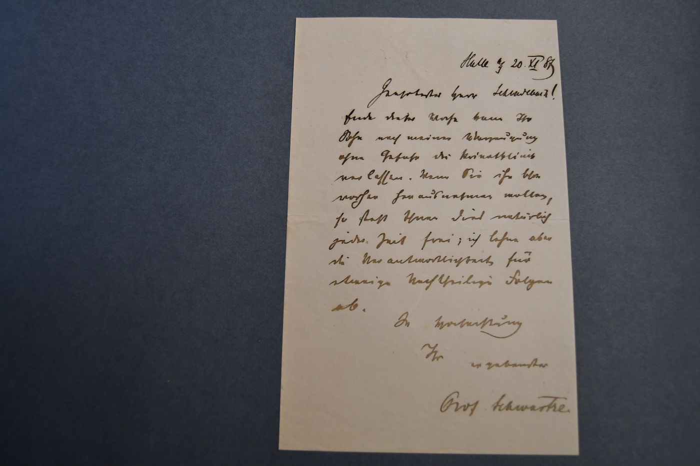 Einseitiger, handschriftlicher Brief des Professors für Ohrenheilkunde in Halle Hermann Hugo Rudolf Schwartze (1837 - 1910) an einen Patientenvater vom 20.11.1887.